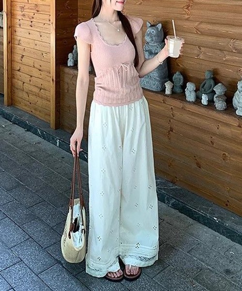 shyam inspiration(シャムインスピレーション)の「サマーニット半袖トップス(Tシャツ/カットソー・レディース・ブラック/ホワイト/ピンク/ネイビー/パープル・F)」の8枚目の写真