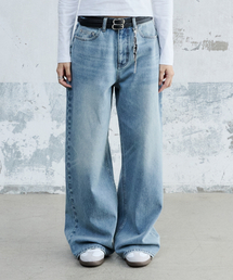 (W) WASHED DENIM PANTS MID BLUE