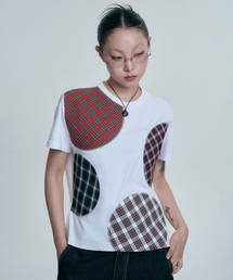 チェックサークルパッチワーク半袖Tシャツ - ホワイト