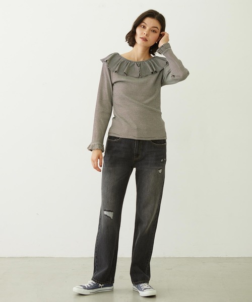 MILKFED.(ミルクフェド)の「2WAY RUFFLE COLLAR STRIPED L/S TOP(Tシャツ/カットソー・レディース・グレー/ブラック/レッド・ONE SIZE)」の21枚目の写真