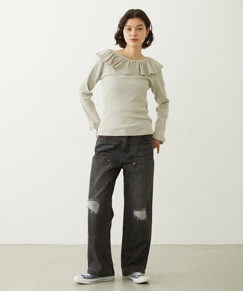 MILKFED.(ミルクフェド)の「2WAY RUFFLE COLLAR STRIPED L/S TOP(Tシャツ/カットソー・レディース・グレー/ブラック/レッド・ONE SIZE)」の14枚目の写真