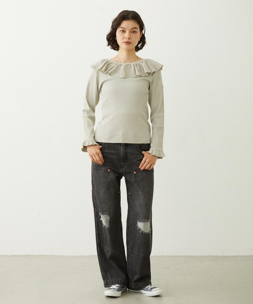 MILKFED.(ミルクフェド)の「2WAY RUFFLE COLLAR STRIPED L/S TOP(Tシャツ/カットソー・レディース・グレー/ブラック/レッド・ONE SIZE)」の15枚目の写真