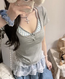 パット付チェック柄キャミソールレイヤード風Tシャツ