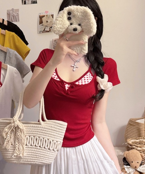 core core（コアコア）の「パット付チェック柄キャミソールレイヤード風Tシャツ（Tシャツ/カットソー・レディース・レッド/イエロー/ブラック/ホワイト/グレー・FREE）」の21枚目の写真