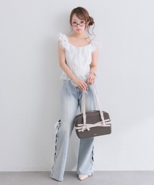 OLIVE des OLIVE(オリーブデオリーブ)の「ラッフルオフショルブラウス(シャツ/ブラウス・レディース・ブラック/ドット/ピンク・FREE)」の20枚目の写真