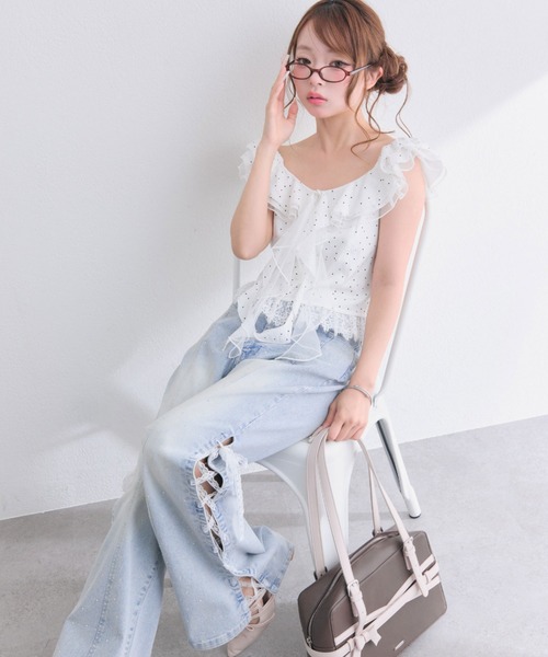 OLIVE des OLIVE(オリーブデオリーブ)の「ラッフルオフショルブラウス(シャツ/ブラウス・レディース・ブラック/ドット/ピンク・FREE)」の5枚目の写真