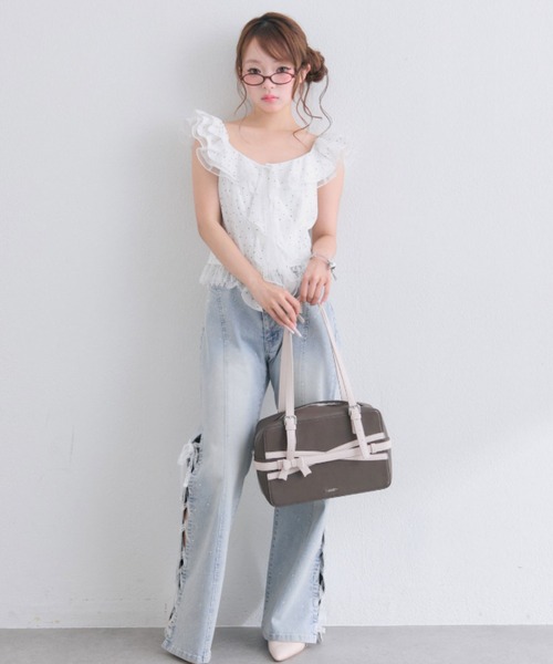 OLIVE des OLIVE(オリーブデオリーブ)の「ラッフルオフショルブラウス(シャツ/ブラウス・レディース・ブラック/ドット/ピンク・FREE)」の7枚目の写真