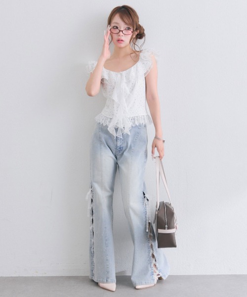 OLIVE des OLIVE(オリーブデオリーブ)の「ラッフルオフショルブラウス(シャツ/ブラウス・レディース・ブラック/ドット/ピンク・FREE)」の8枚目の写真