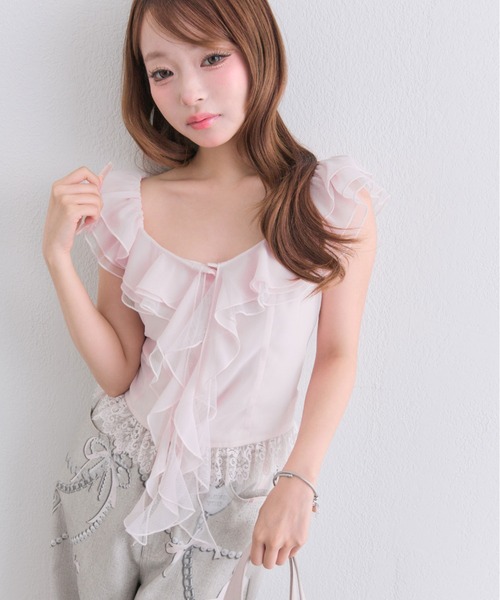OLIVE des OLIVE(オリーブデオリーブ)の「ラッフルオフショルブラウス(シャツ/ブラウス・レディース・ブラック/ドット/ピンク・FREE)」の13枚目の写真