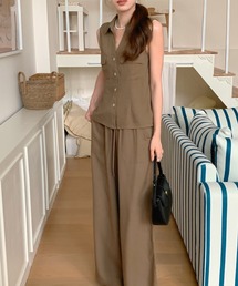 YUGA_YGMC Korean-style Vest + Loose Wide Pants - Linen Set