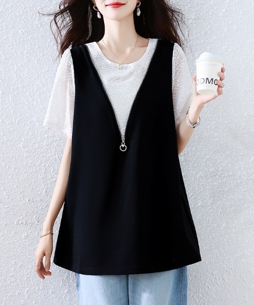AMAJI(アマジ)の「フェイクレイヤード パフスリーブ リボン付き ブラウス(シャツ/ブラウス・レディース・ブラック・LARGE/X-LARGE/XX-LARGE)」の1枚目の写真