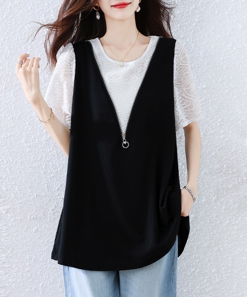 AMAJI(アマジ)の「フェイクレイヤード パフスリーブ リボン付き ブラウス(シャツ/ブラウス・レディース・ブラック・LARGE/X-LARGE/XX-LARGE)」の2枚目の写真