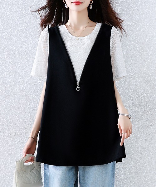 AMAJI(アマジ)の「フェイクレイヤード パフスリーブ リボン付き ブラウス(シャツ/ブラウス・レディース・ブラック・LARGE/X-LARGE/XX-LARGE)」の3枚目の写真