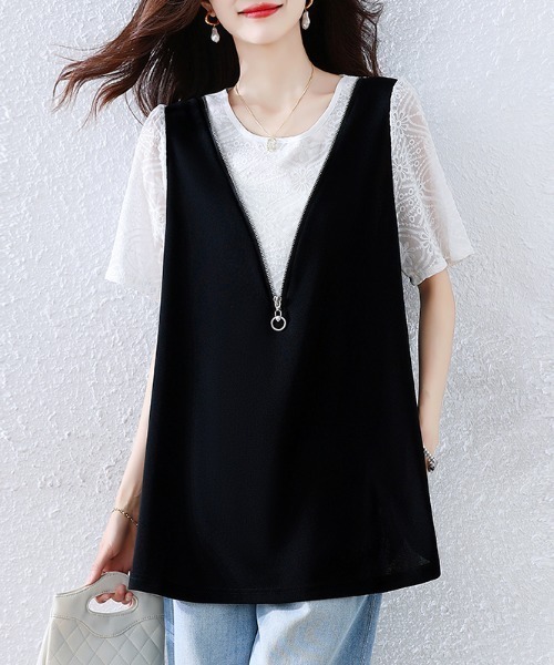 AMAJI(アマジ)の「フェイクレイヤード パフスリーブ リボン付き ブラウス(シャツ/ブラウス・レディース・ブラック・LARGE/X-LARGE/XX-LARGE)」の4枚目の写真