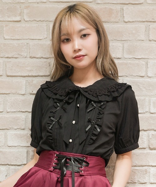 axes femme POETIQUE(アクシーズファムポエティック)の「リボン付きレース丸衿BL(シャツ/ブラウス・レディース・ブラック/サックスブルー/ホワイト・MEDIUM)」の9枚目の写真