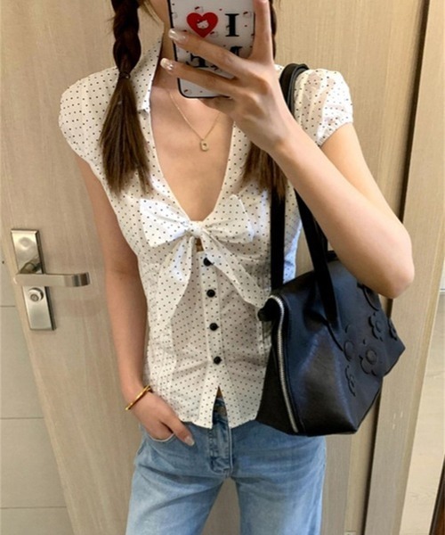 gossip!ロサンゼルス(ゴシップロサンゼルス)の「【Y2Kガーリー】 フロントリボン ドット柄 パフスリーブトップス(Tシャツ/カットソー・レディース・ドット・M)」の7枚目の写真