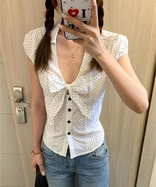 gossip!ロサンゼルス(ゴシップロサンゼルス)の「【Y2Kガーリー】 フロントリボン ドット柄 パフスリーブトップス(Tシャツ/カットソー・レディース・ドット・M)」の9枚目の写真