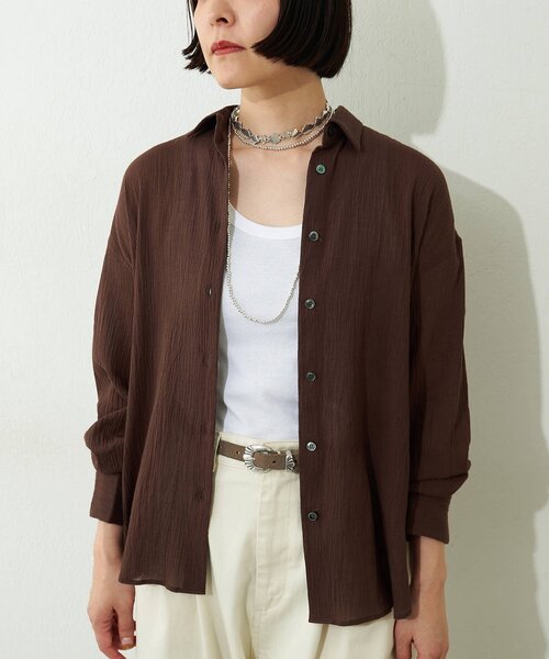 Whim Gazette(ウィムガゼット)の「コットンガーゼシフォンシャツ/セットアップ可(シャツ/ブラウス・レディース・ブラウン/ベージュ・FREE)」の12枚目の写真
