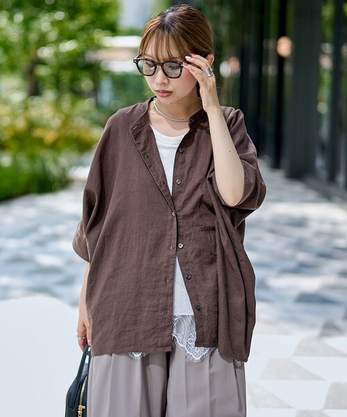 coen(コーエン)の「【接触冷感】リネンレーヨンドルマンバンドカラーシャツ(シャツ/ブラウス・レディース・ダークブラウン/オフホワイト/ロイヤルブルー/その他1・FREE)」の16枚目の写真