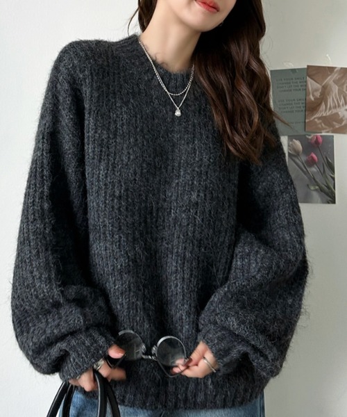 Eclat one(エクラワン)の「【Eclat one】畦編み メランジ モヘアタッチ ルーズニット(ニット/セーター・レディース・ブラウン/グリーン/チャコール/ネイビー・FREE)」の8枚目の写真
