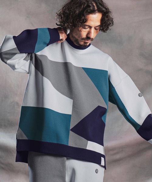 ANGENEHM（アンゲネーム）の「mn3293-Panel Jacquard Airy Knit Long-Sleeve Crew ニット(AG07-026acg)（ニット/セーター・メンズ・ネイビー/ダークカーキ/ブラック/ミックスグレー・S/M/L）」の4枚目の写真