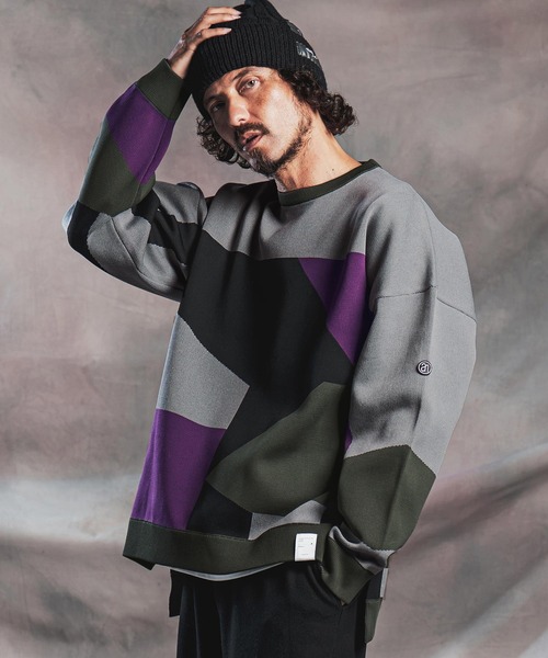 ANGENEHM（アンゲネーム）の「mn3293-Panel Jacquard Airy Knit Long-Sleeve Crew ニット(AG07-026acg)（ニット/セーター・メンズ・ネイビー/ダークカーキ/ブラック/ミックスグレー・S/M/L）」の3枚目の写真