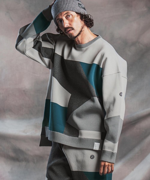 ANGENEHM（アンゲネーム）の「mn3293-Panel Jacquard Airy Knit Long-Sleeve Crew ニット(AG07-026acg)（ニット/セーター・メンズ・ネイビー/ダークカーキ/ブラック/ミックスグレー・S/M/L）」の2枚目の写真
