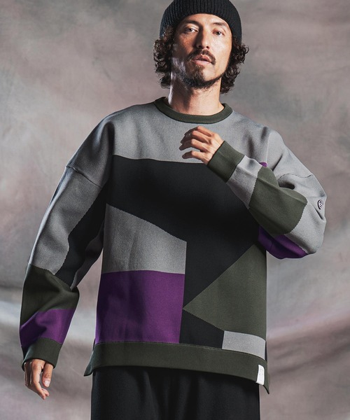 ANGENEHM（アンゲネーム）の「mn3293-Panel Jacquard Airy Knit Long-Sleeve Crew ニット(AG07-026acg)（ニット/セーター・メンズ・ネイビー/ダークカーキ/ブラック/ミックスグレー・S/M/L）」の22枚目の写真