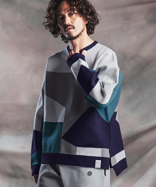 ANGENEHM（アンゲネーム）の「mn3293-Panel Jacquard Airy Knit Long-Sleeve Crew ニット(AG07-026acg)（ニット/セーター・メンズ・ネイビー/ダークカーキ/ブラック/ミックスグレー・S/M/L）」の12枚目の写真