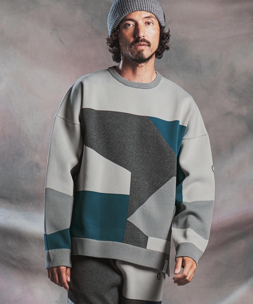ANGENEHM（アンゲネーム）の「mn3293-Panel Jacquard Airy Knit Long-Sleeve Crew ニット(AG07-026acg)（ニット/セーター・メンズ・ネイビー/ダークカーキ/ブラック/ミックスグレー・S/M/L）」の6枚目の写真