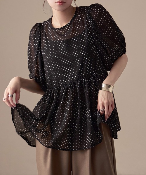 Fashion Letter(ファッションレター)の「シアードット パフスリーブブラウス(シャツ/ブラウス・レディース・アイボリー/ブラック・M)」の2枚目の写真