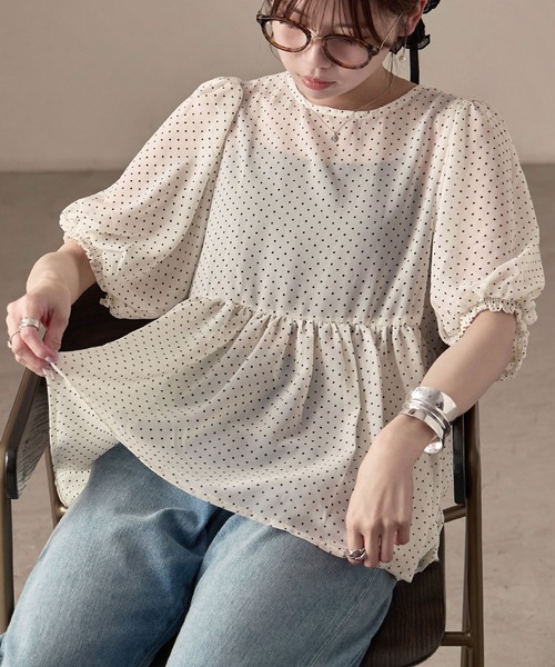 Fashion Letter(ファッションレター)の「シアードット パフスリーブブラウス(シャツ/ブラウス・レディース・アイボリー/ブラック・M)」の12枚目の写真