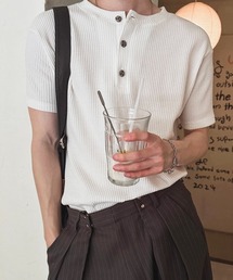 【NOWLE】ヴィンテージ調ボタン ヘンリーネック 半袖 Tシャツ / 凹凸サーマル ソリッド トップス
