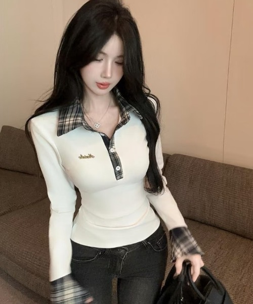 DIAVEL（ディアベル）の「【秋冬新作】3色展開チェック柄襟付きロゴ刺繍ポロトップス（Tシャツ/カットソー・レディース・アイボリー/グレー/ブラック・M）」の8枚目の写真