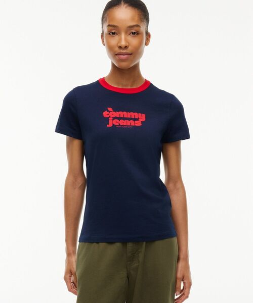 tommy jeans(トミー ジーンズ)の「レギュラーノベルティリンガーTシャツ(Tシャツ/カットソー・レディース・ネイビー/ホワイト・SMALL/X-SMALL/MEDIUM)」の1枚目の写真