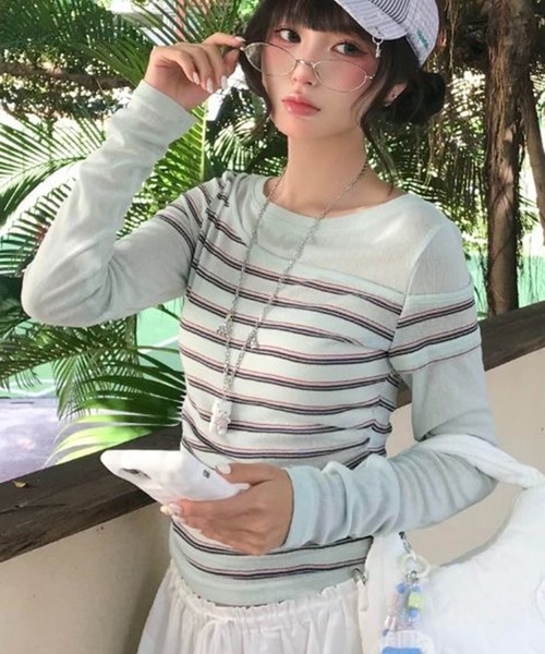 AsheKsha(アシクシャ)の「配色ボーダー切り替えタイト長袖トップス(Tシャツ/カットソー・レディース・グリーン・M)」の1枚目の写真