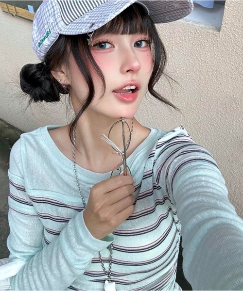 AsheKsha(アシクシャ)の「配色ボーダー切り替えタイト長袖トップス(Tシャツ/カットソー・レディース・グリーン・M)」の2枚目の写真