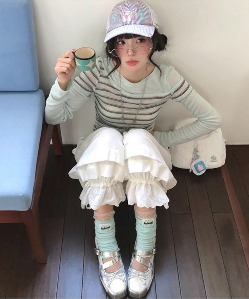 AsheKsha(アシクシャ)の「配色ボーダー切り替えタイト長袖トップス(Tシャツ/カットソー・レディース・グリーン・M)」の4枚目の写真
