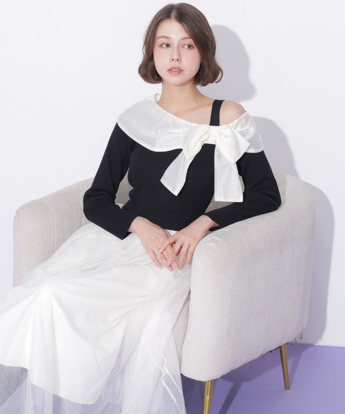 JILL by JILL STUART(ジルバイジルスチュアート)の「アシメリボンドッキングワンピース(ワンピース・レディース・ブラック/ホワイト/ブルー・FREE)」の6枚目の写真