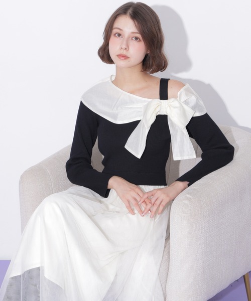 JILL by JILL STUART(ジルバイジルスチュアート)の「アシメリボンドッキングワンピース(ワンピース・レディース・ブラック/ホワイト/ブルー・FREE)」の4枚目の写真