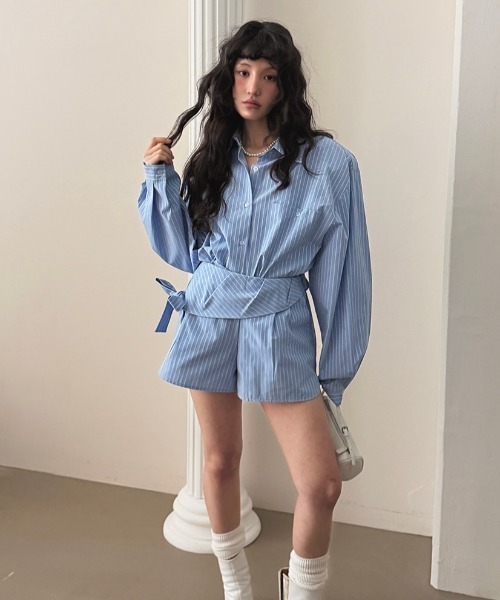FAVORITO(ファヴォリート)の「ストライプシャツパンツセットアップ(セットアップ・レディース・モカ/ブルー・F)」の13枚目の写真
