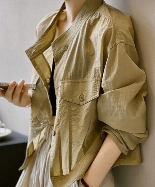 Beststore(ベストストア)の「【シアー感×ミリタリー】シースルーノーカラーブルゾン シアーシャツジャケット(全3色)(シャツ/ブラウス・レディース・ベージュ/ブラック/アイボリー・FREE)」の3枚目の写真