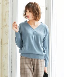 フロントタックVネックシンプルニットトップス＊レディース/セーター/長袖[C3466]神戸レタス