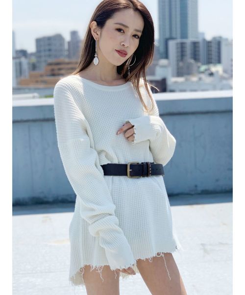 GYDA（ジェイダ）の「ダメージワッフルニットTOPS（ニット/セーター・レディース・ブラック/グレー/オフホワイト/その他・FREE）」の5枚目の写真