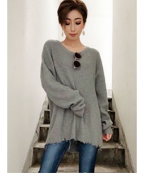GYDA（ジェイダ）の「ダメージワッフルニットTOPS（ニット/セーター・レディース・ブラック/グレー/オフホワイト/その他・FREE）」の6枚目の写真