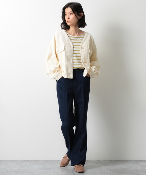 LAKOLE（ラコレ）の「コーデュロイショートカバーオール / LAKOLE（ノーカラージャケット・レディース・アイボリー/ダークブラウン/ライトグリーン・SMALL/MEDIUM）」の4枚目の写真