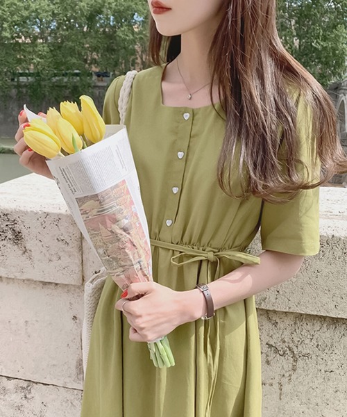 Girly Doll（ガーリードール）の「スクエアネックウエストマークワンピース（ワンピース・レディース・ベージュ/ネイビー/ブルー/グリーン/ブラック/グレイッシュベージュ・FREE）」の8枚目の写真