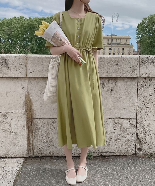 Girly Doll（ガーリードール）の「スクエアネックウエストマークワンピース（ワンピース・レディース・ベージュ/ネイビー/ブルー/グリーン/ブラック/グレイッシュベージュ・FREE）」の10枚目の写真