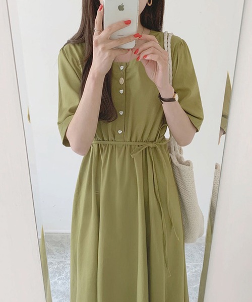 Girly Doll（ガーリードール）の「スクエアネックウエストマークワンピース（ワンピース・レディース・ベージュ/ネイビー/ブルー/グリーン/ブラック/グレイッシュベージュ・FREE）」の14枚目の写真