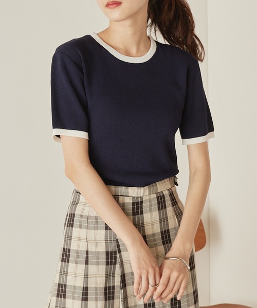 mikke（ミッケ）の「配色半袖ニットプルオーバー（Tシャツ/カットソー・レディース・ネイビー/オフホワイト/オレンジ・FREE）」の2枚目の写真